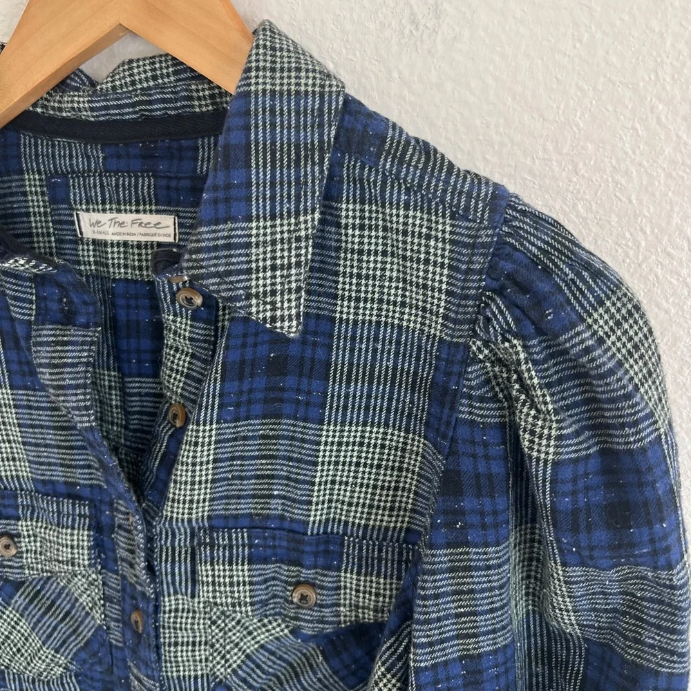 FREE PEOPLE blue sun city plaid puff sleeve top grunge preppy / size XS - Picture 7 of 8
